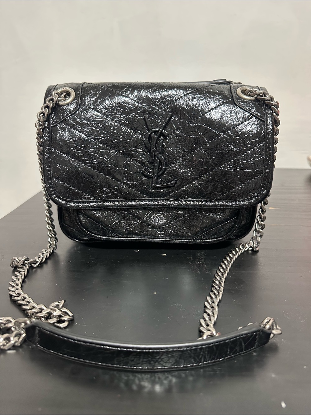 Saint Laurent Black Crinkled Leather Chain Shoulder Bag